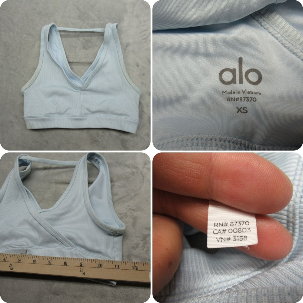 ALO Sport Bra Women XS Light Blue Yoga Ribbed‎ Wrap Pullover Workout Activewear
